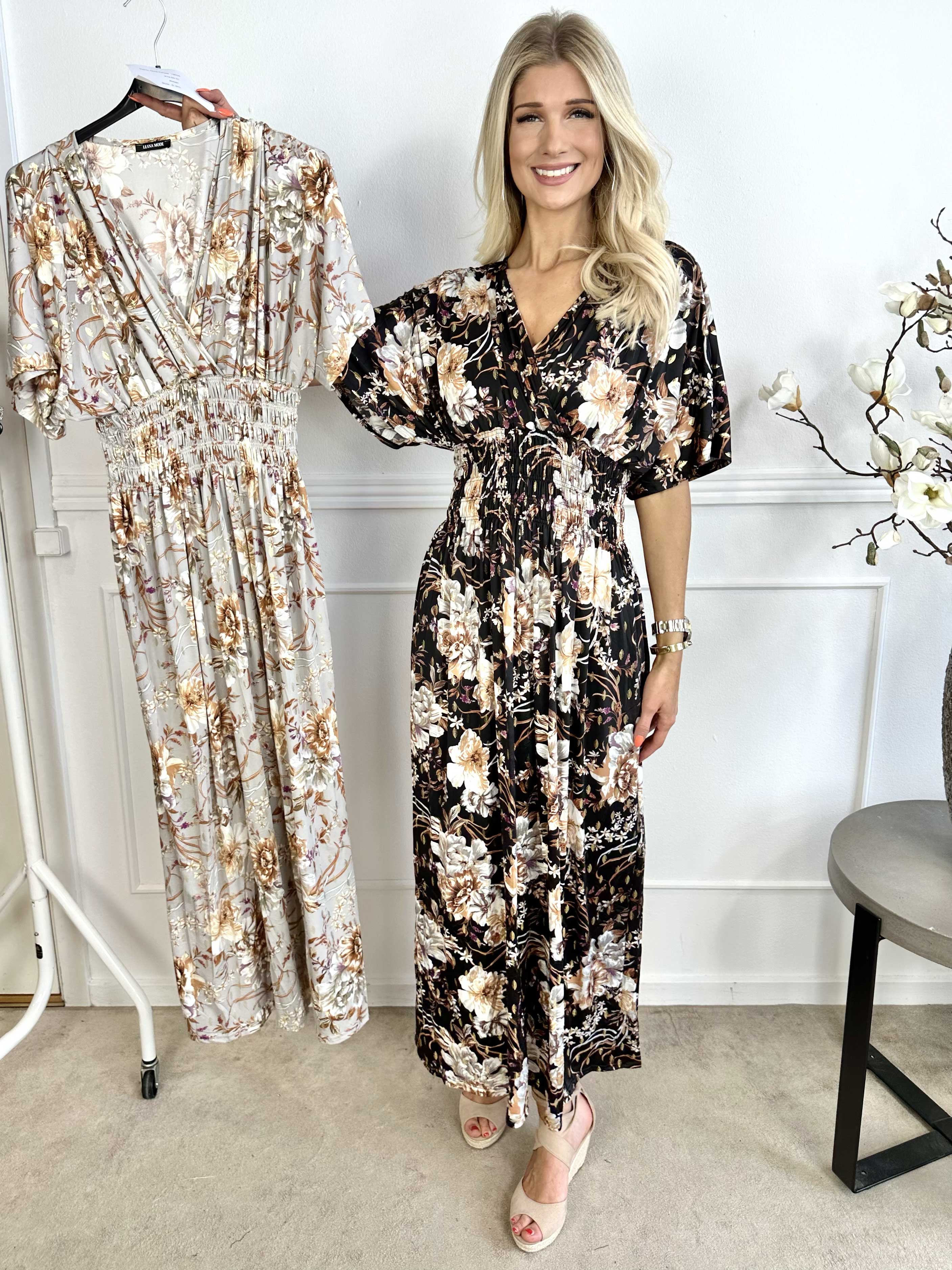 Pams Gold Flower - Lång klänning med resår i skrynkelfritt tyg